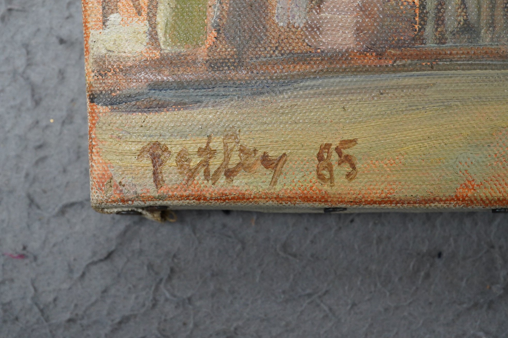 Llewellyn Petley-Jones (1908-1986), oil on canvas, French street scene, signed and dated ‘85, inscribed to reverse, unframed, 14 x 25cm. Condition - good